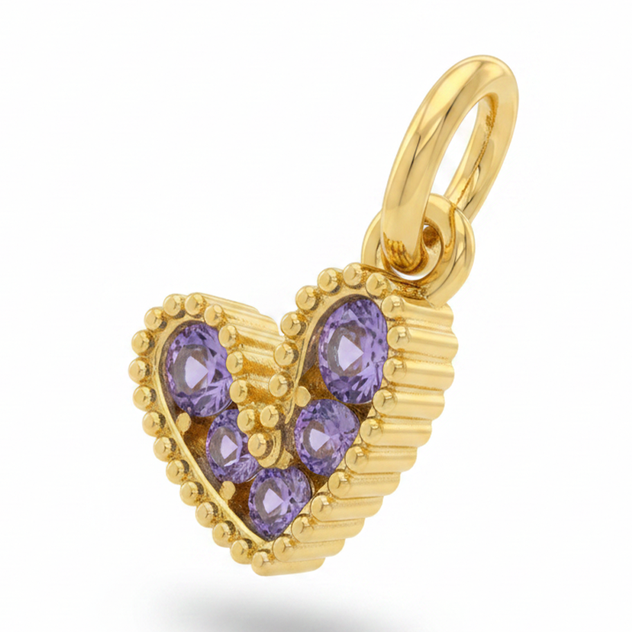 Dije Corazón Mini Collar Cristal Dorado Piedra Lila Rodinado