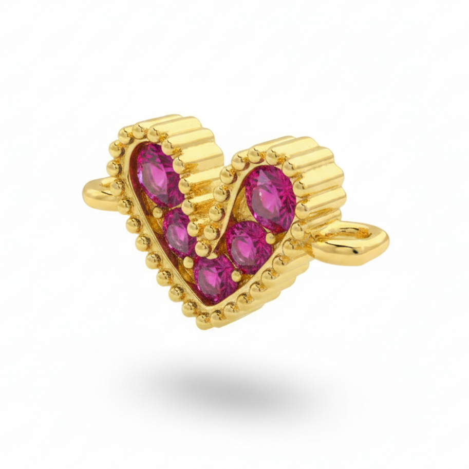 Dije Corazón Mini Pulsera Cristal Dorado Piedra Fucsia Rodinado