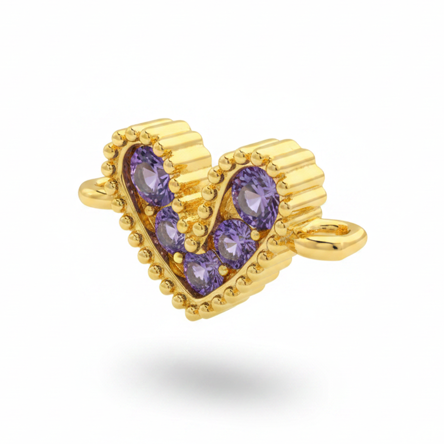 Dije Corazón Mini Pulsera Cristal Dorado Piedra Lila Rodinado
