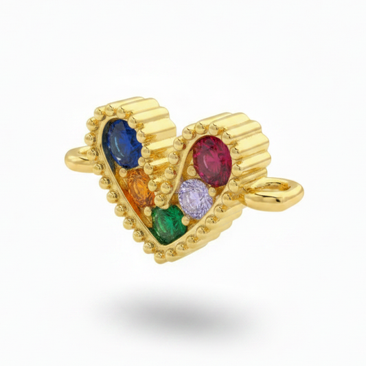 Dije Corazón Mini Pulsera Cristal Dorado Piedra Multicolor Rodinado