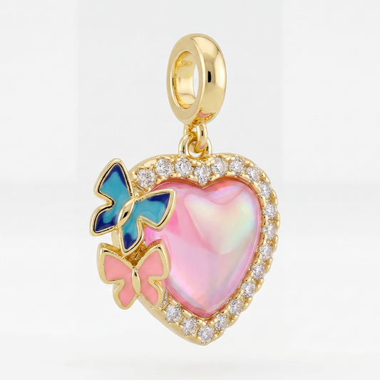 Dije Corazón Piedra Rosada Mariposa