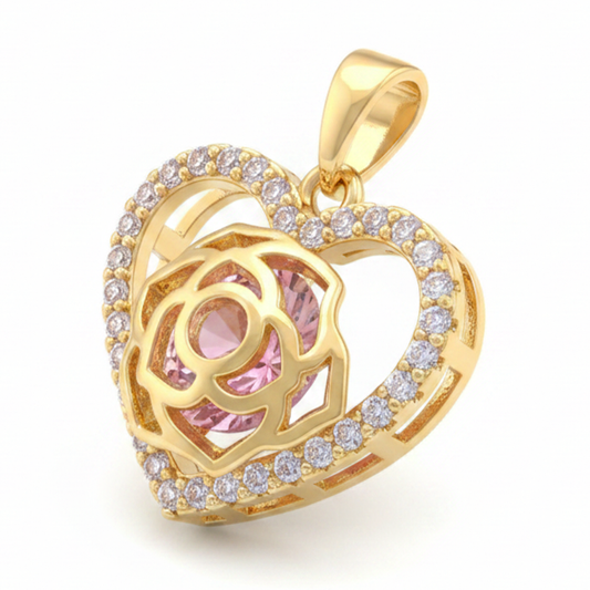 Dije Corazón Rosa Piedra Rosada Dorado Rodinado