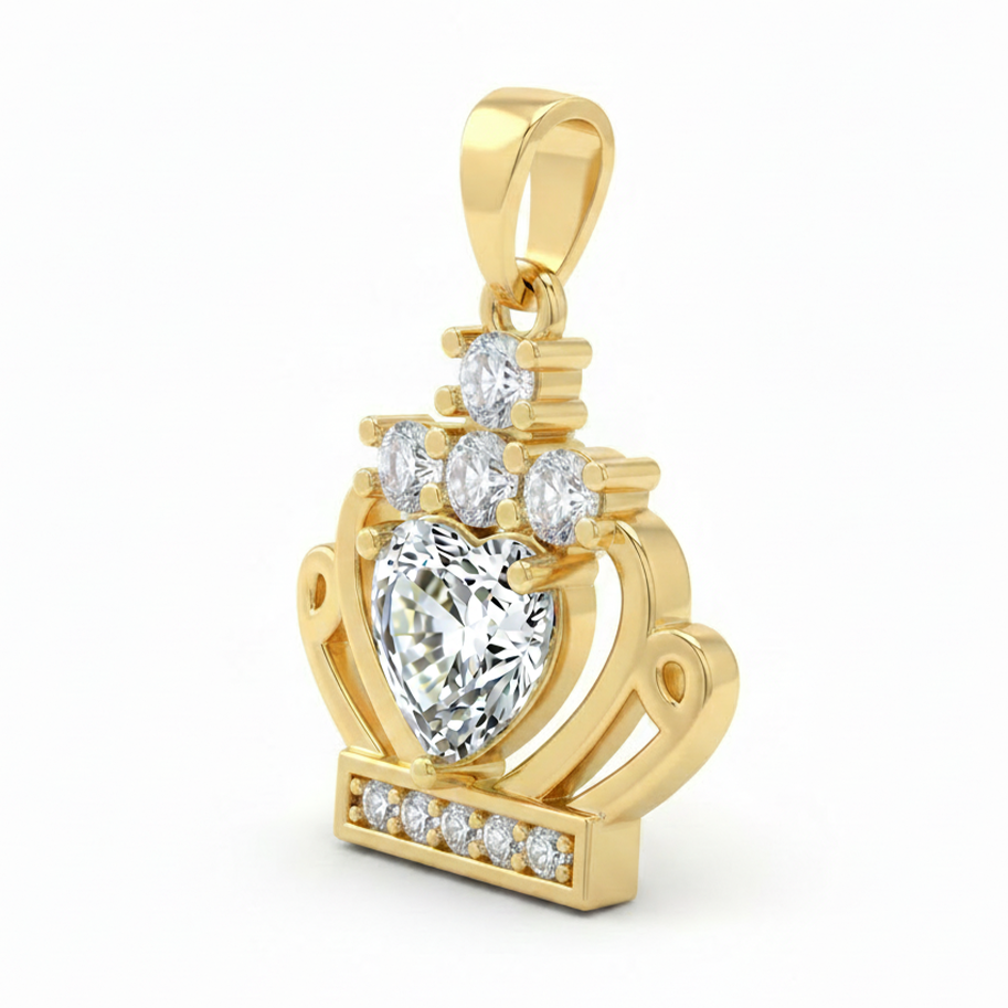 Dije Corona Reina Corazón Piedra Blanca Dorado Rodinado