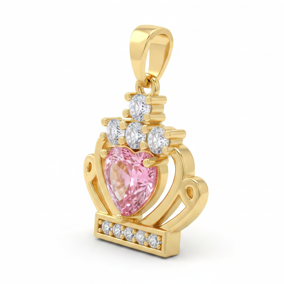 Dije Corona Reina Corazón Piedra Rosada Dorado Rodinado