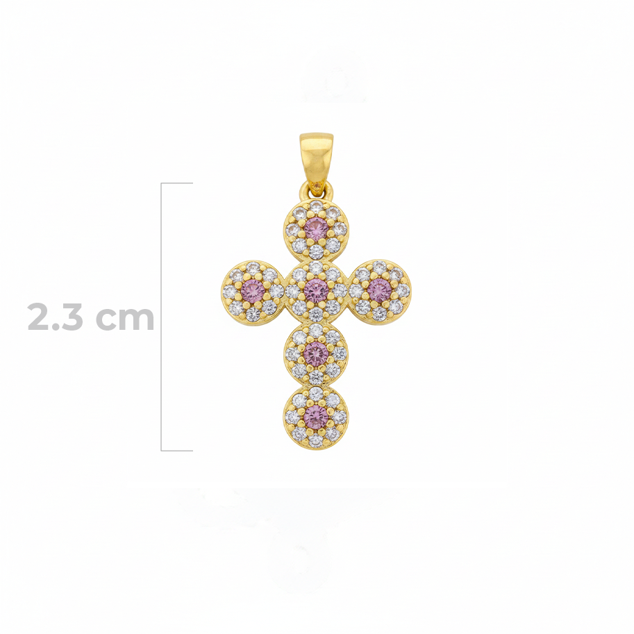 Dije Cruz Circones Piedras Rosadas Dorado Rodinado