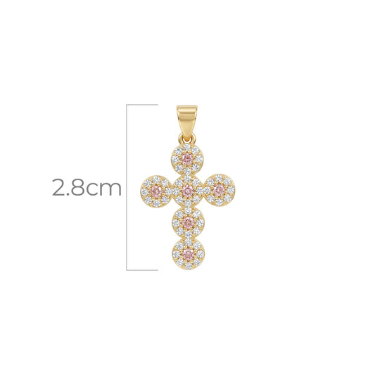 Dije Cruz Circones Piedras Rosadas Dorado Rodinado