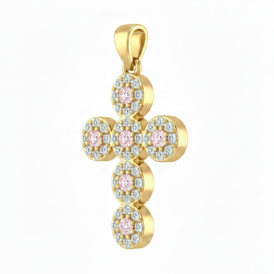 Dije Cruz Circones Piedras Rosadas Dorado Rodinado