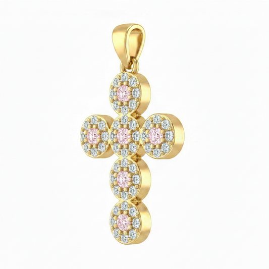 Dije Cruz Circones Piedras Rosadas Dorado Rodinado