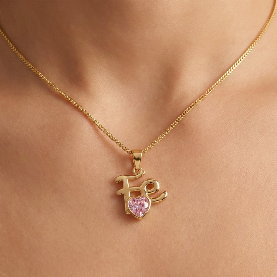 Dije Fé Corazón Piedra Rosada Dorado Rodinado