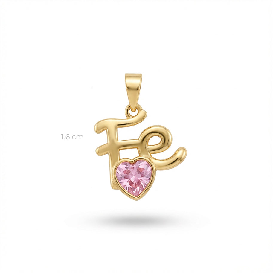 Dije Fé Corazón Piedra Rosada Dorado Rodinado