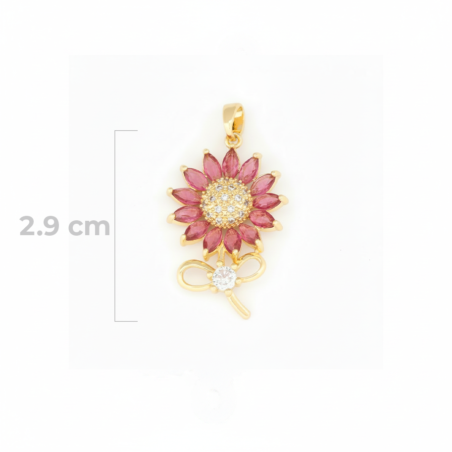 Dije Girasol Tallo Piedra Fucsia Dorado Rodinado