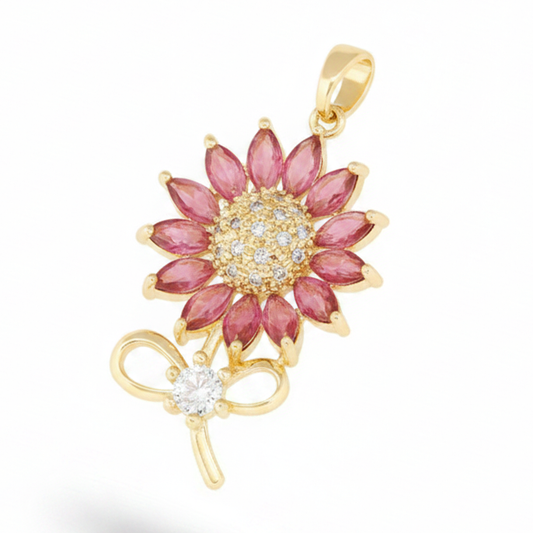 Dije Girasol Tallo Piedra Fucsia Dorado Rodinado