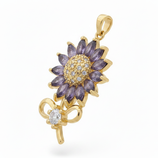 Dije Girasol Tallo Piedra Lila Dorado Rodinado