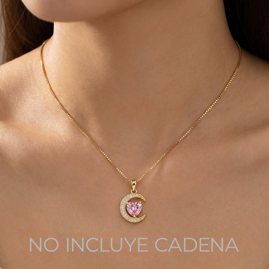 Dije Luna Corazón Piedra Rosada Dorado Rodinado