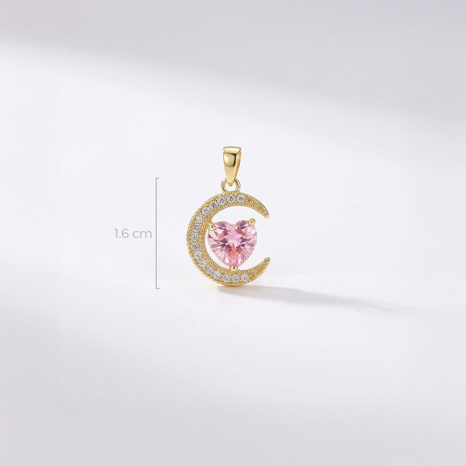 Dije Luna Corazón Piedra Rosada Dorado Rodinado