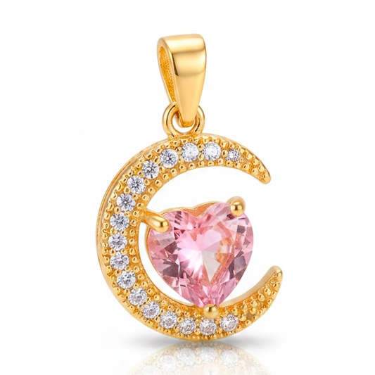 Dije Luna Corazón Piedra Rosada Dorado Rodinado