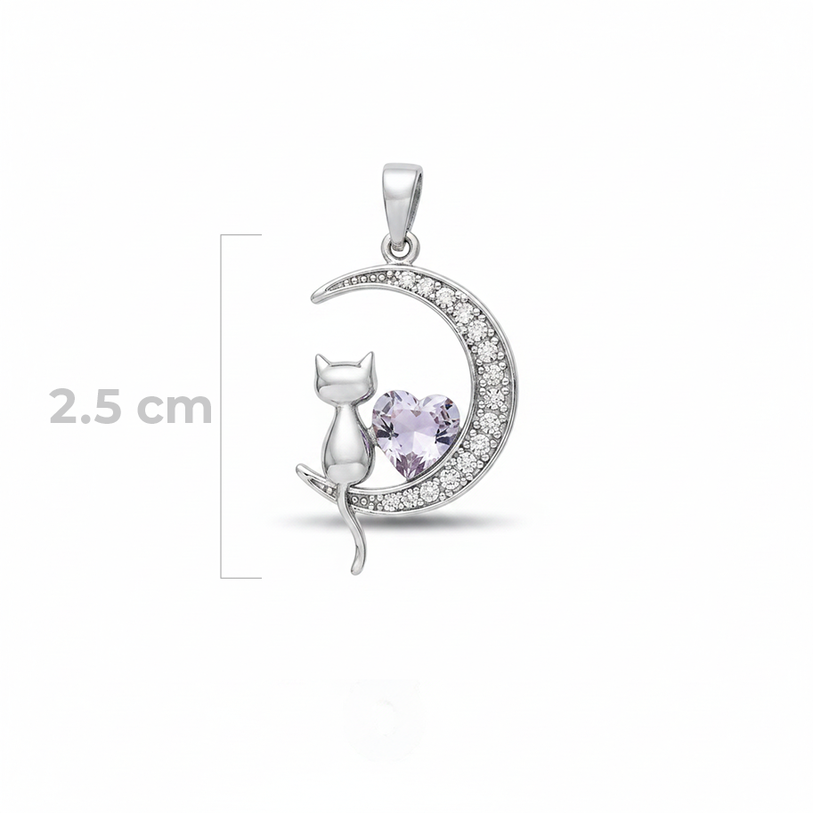 Dije Luna con Gatito y Corazon Lila Plateado Rodinado