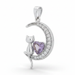 Dije Luna con Gatito y Corazon Lila Plateado Rodinado