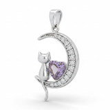 Dije Luna con Gatito y Corazon Lila Plateado Rodinado