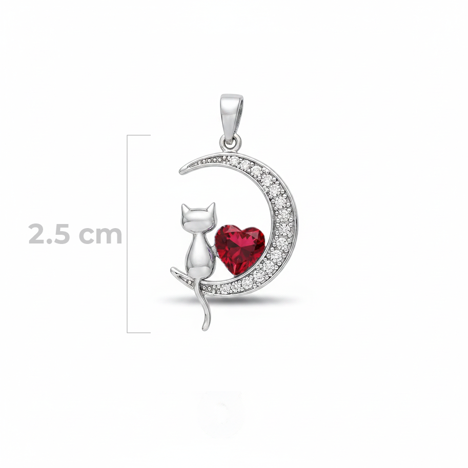 Dije Luna con Gatito y Corazon Rojo Plateado Rodinado