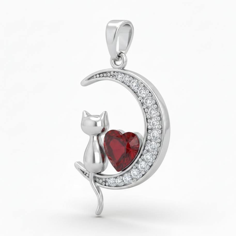 Dije Luna con Gatito y Corazon Rojo Plateado Rodinado