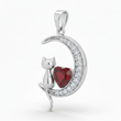 Dije Luna con Gatito y Corazon Rojo Plateado Rodinado