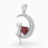 Dije Luna con Gatito y Corazon Rojo Plateado Rodinado