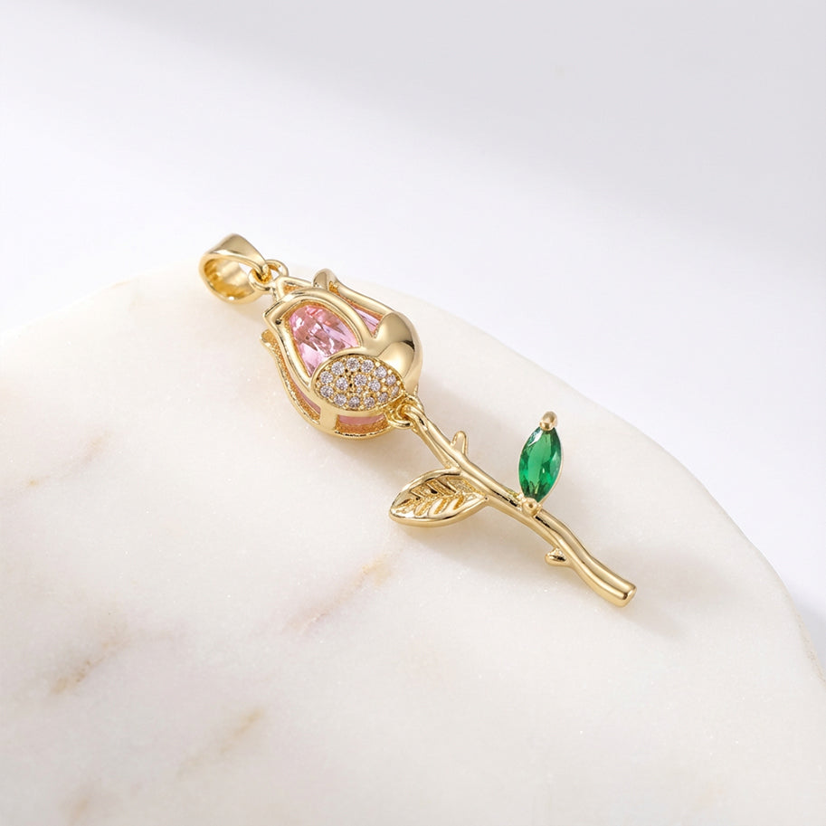 Dije Tulipán 3cm Tallo Piedra Rosada Dorado Rodinado