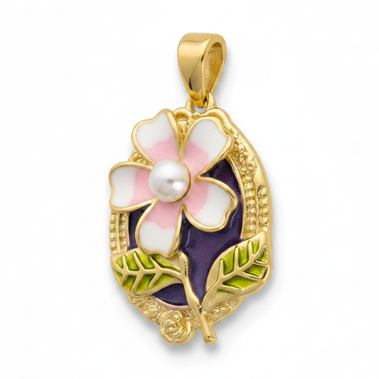 Dije Vintage Flor Bicolor Con Perla Rodinado
