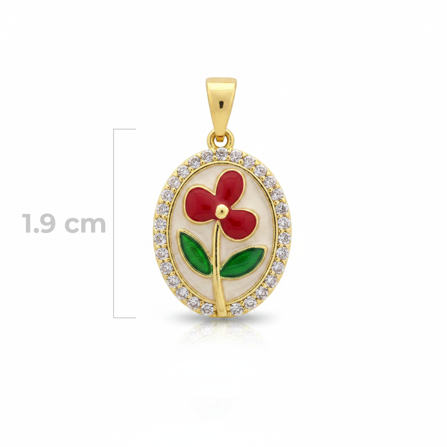 Dije Vintage Flor Roja Piedra Blanca Rodinado