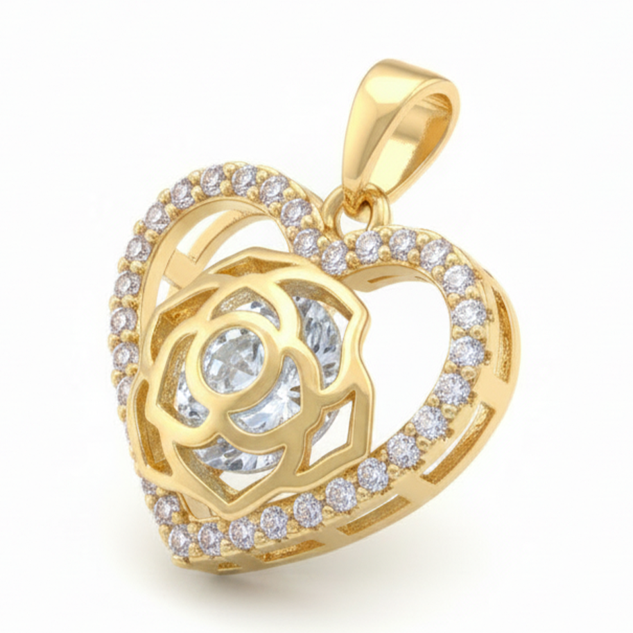 Dije corazon rosa dorado rodinado