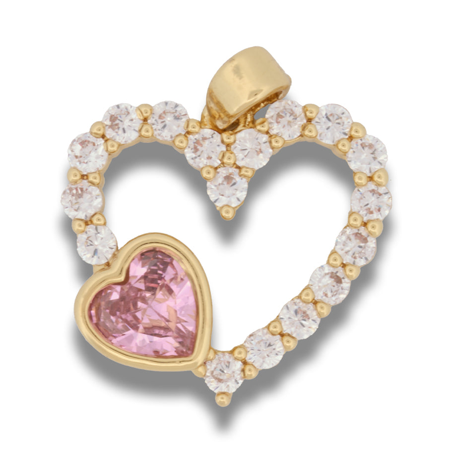 Dije Corazón Doble Circón Rosado Dorado Rodinado