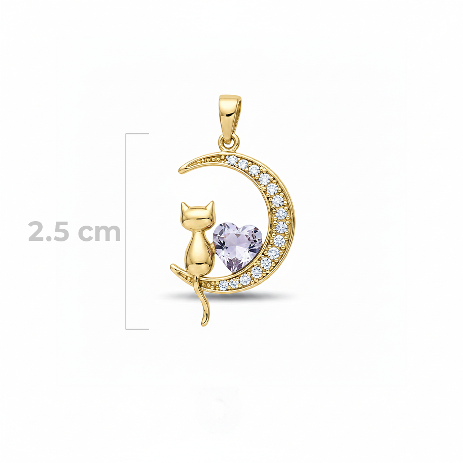 Dije luna con gatito y corazón Lila Dorado Rodinado
