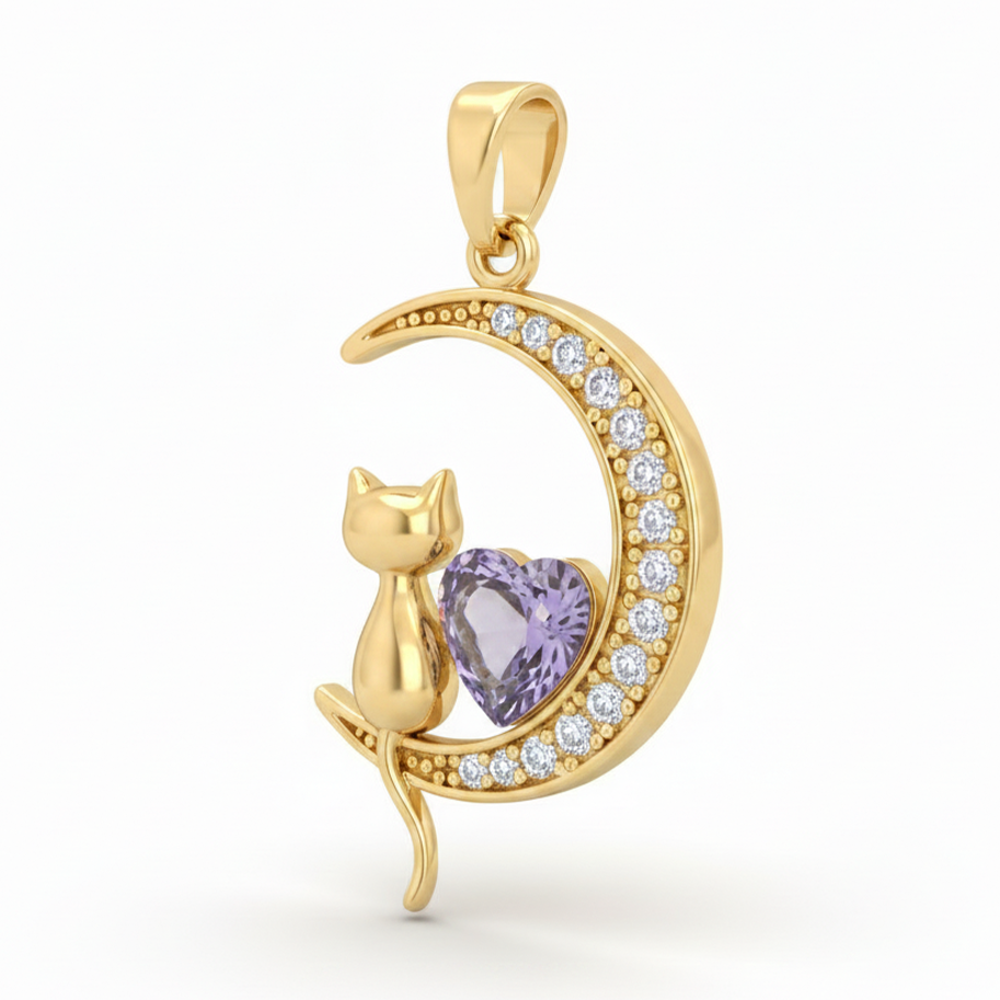 Dije luna con gatito y corazón Lila Dorado Rodinado
