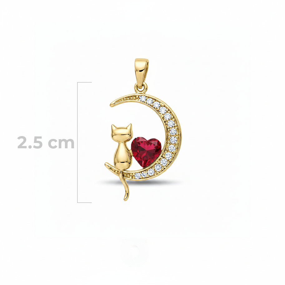 Dije luna con gatito y corazón rojo Dorado Rodinado