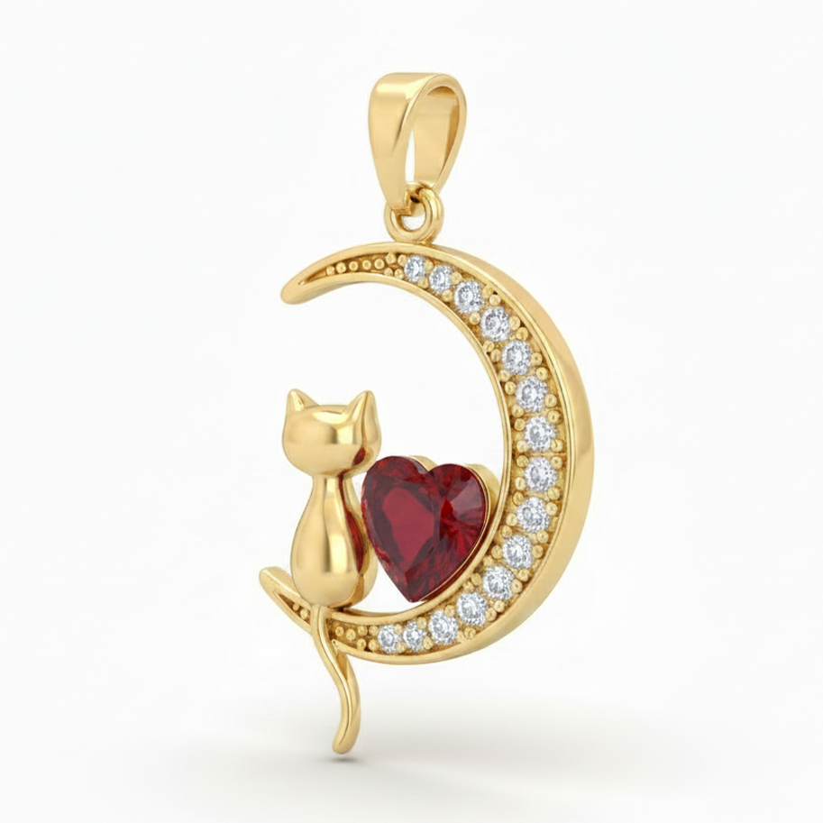 Dije luna con gatito y corazón rojo Dorado Rodinado