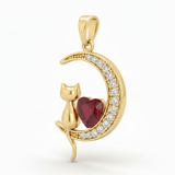 Dije luna con gatito y corazón rojo Dorado Rodinado