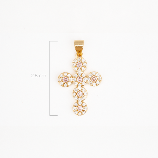 Dije Cruz Circones Piedras Rosadas Dorado Rodinado