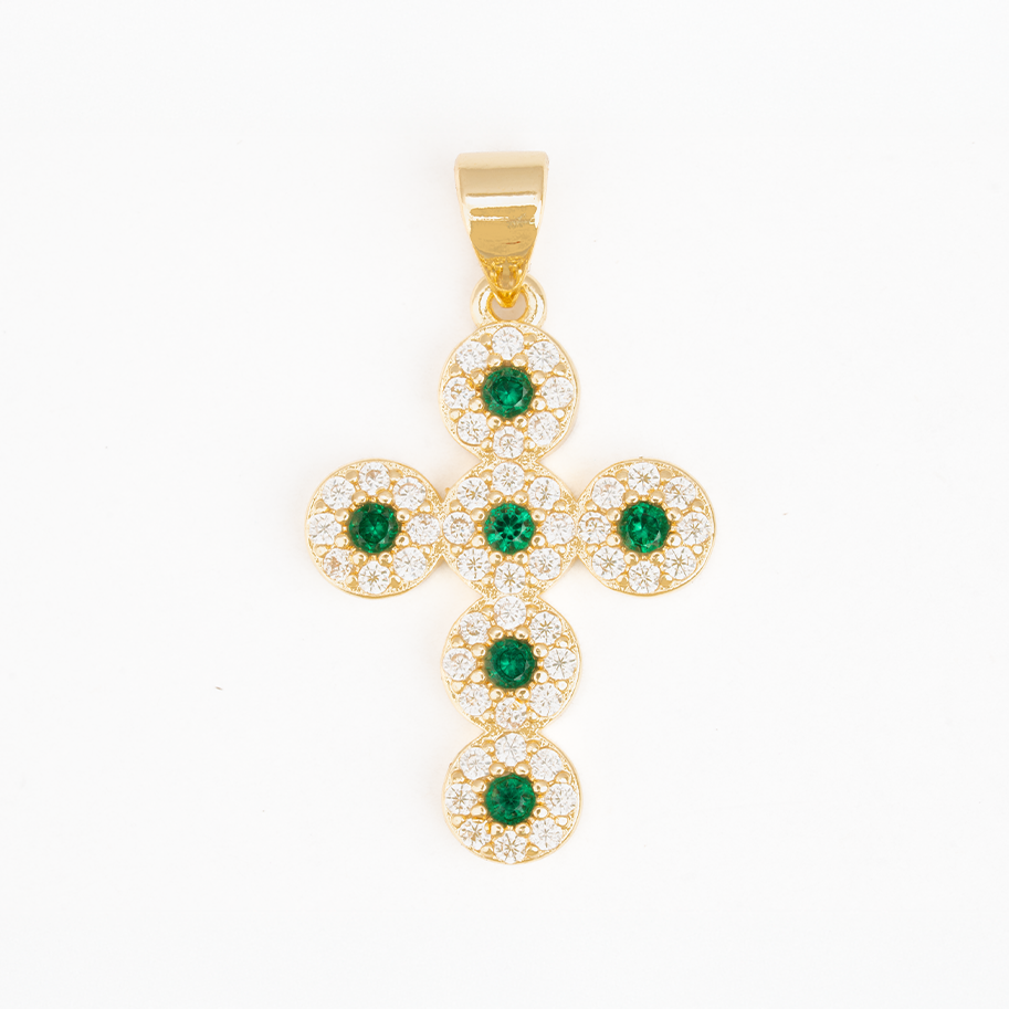 Dije Cruz Circones Piedras Verdes Dorado Rodinado