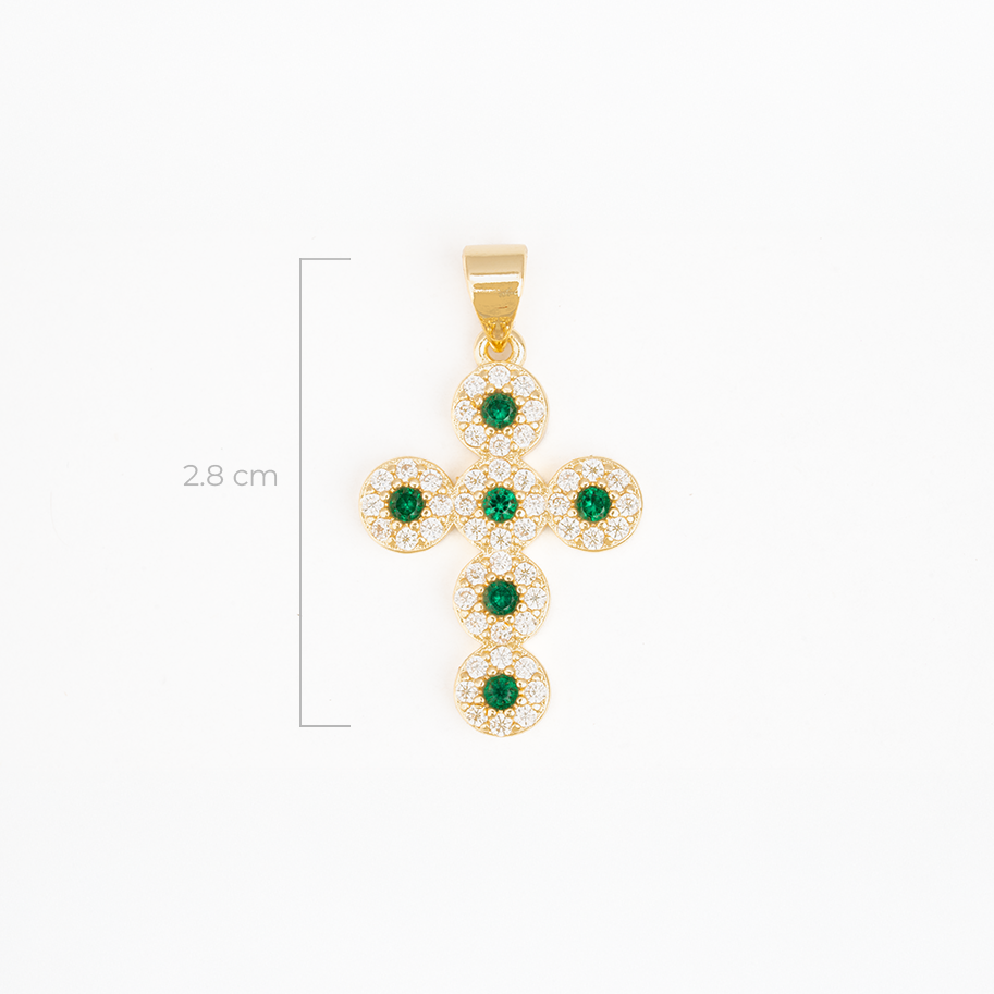Dije Cruz Circones Piedras Verdes Dorado Rodinado