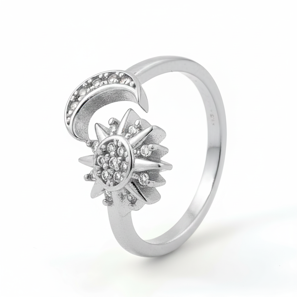 Anillo C #90 Ajustable Sol y Luna Plateado Rodinado