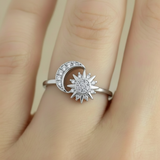 Anillo C #90 Ajustable Sol y Luna Plateado Rodinado