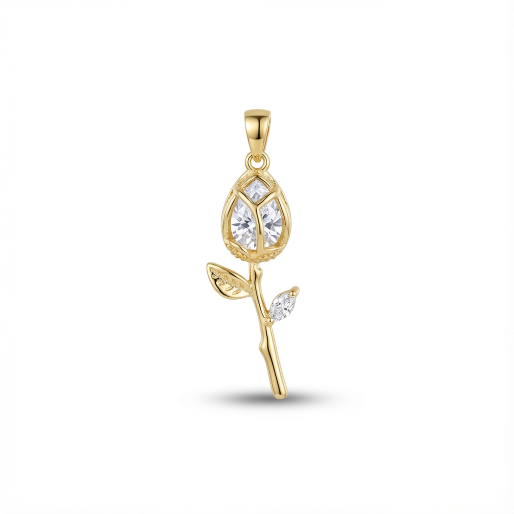 Dije Tulipán 3cm Tallo Piedra Blanca Dorado Rodinado