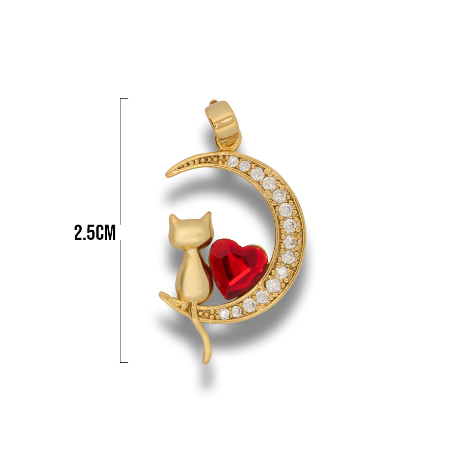 Dije luna con gatito y corazón rojo Dorado Rodinado
