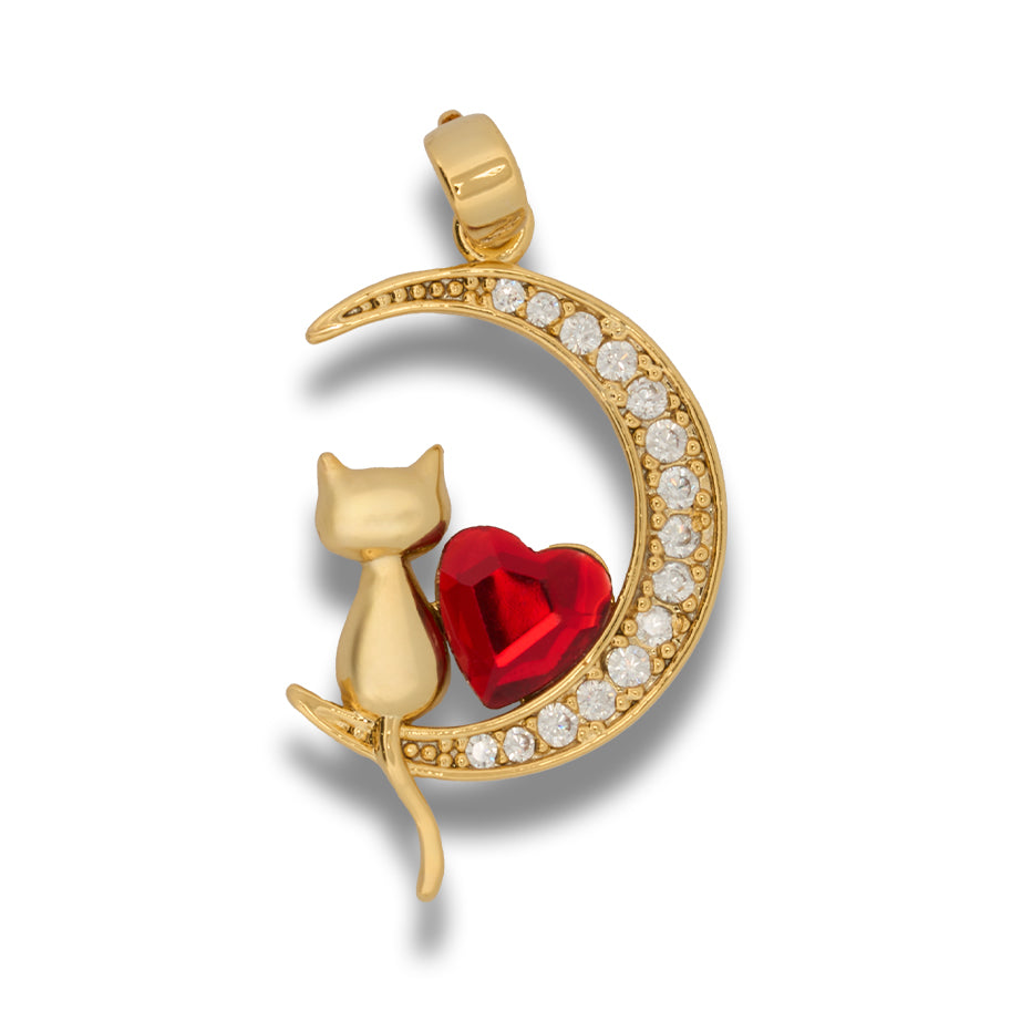Dije luna con gatito y corazón rojo Dorado Rodinado