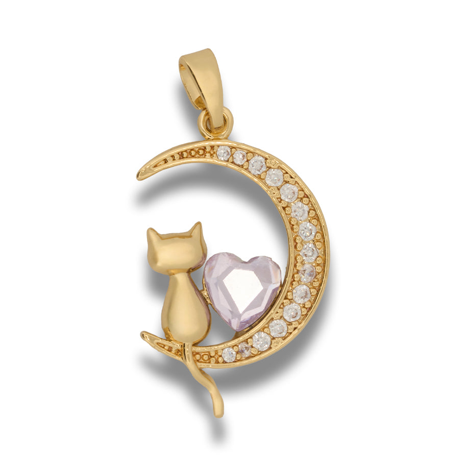 Dije luna con gatito y corazón lila Dorado Rodinado