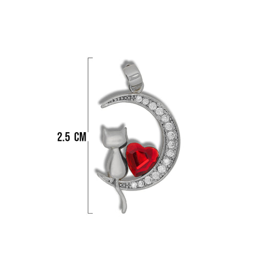 Dije Luna con Gatito y Corazon Rojo Plateado Rodinado