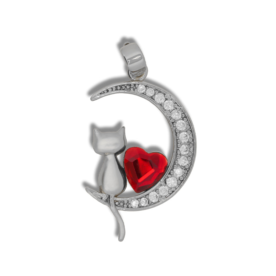 Dije Luna con Gatito y Corazon Rojo Plateado Rodinado