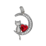 Dije Luna con Gatito y Corazon Rojo Plateado Rodinado