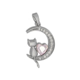 Dije Luna con Gatito y Corazon rosado Plateado Rodinado
